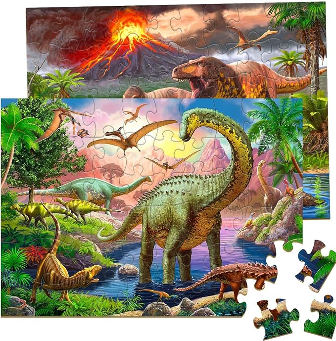 Puzzles for Kids Ages 4-6 – 2 x 60 Pieces World of Huge Dinosaurs | Puzzles for Kids Ages 3-5 6-8, Educational Learning Dinosaurs Toys, Gift for Boys and Girls
