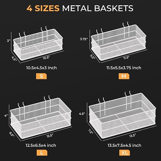 INCLY 4 Pack Upgrade Pegboard Baskets, 4 Sizes Square Metal Mesh Basket | Peg Board Organizer Accessories, For Garage Craft Room Office Kitchen, Pegboard Baskets and Bins