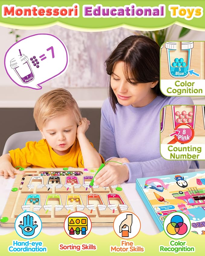 Magnetic Color and Number Maze, Montessori Toys for 2 3 4 Year Old - Cups | Birthday Gifts for Girls Boys, Wooden Color Matching Puzzle Board, Preschool Learning Activities Travel Toys for Ages 2-4
