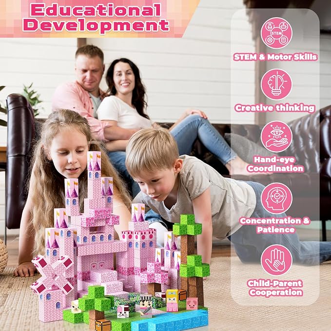 Magnetic Blocks - 100PCS Pink Princess Castle Magnetic Building Blocks, 3D Magnet Cubes for Girls, STEM Construction Toy for Kids Ages 3-12, Princess Toys for Kids Birthday Gifts