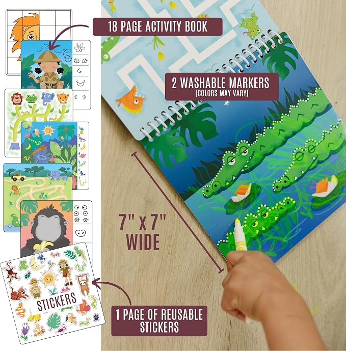 Totebook Dry Erase Activity Book for Kids - 18 Erasable Learning Games with Markers & Reusable Stickers, Travel Activities for Ages 4-6, Fits Case (Jungle Theme)
