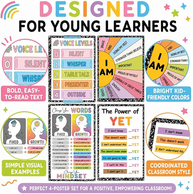 Growth Mindset Posters for Classroom, Set of 4 Large 11x17 Growth Mindset Classroom Decor, Voice Levels Poster, Change Your Words, Power of Yet & Positive Affirmation Mindset Poster