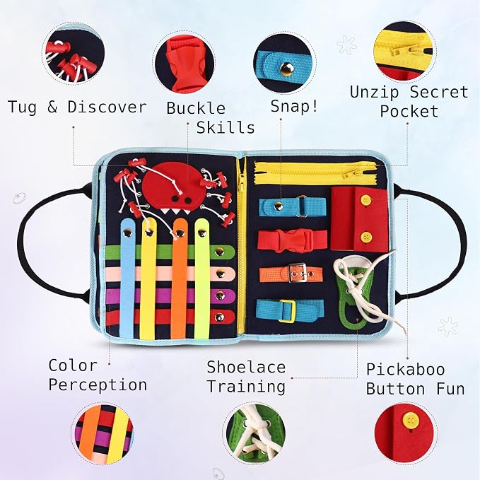 Busy Book for Toddlers, Montessori Felt Quiet Book Travel. Ages 3+ | Soft felted wool, securely stitched with no loose pieces. Buttons, zippers and abacus build fine motor skills.