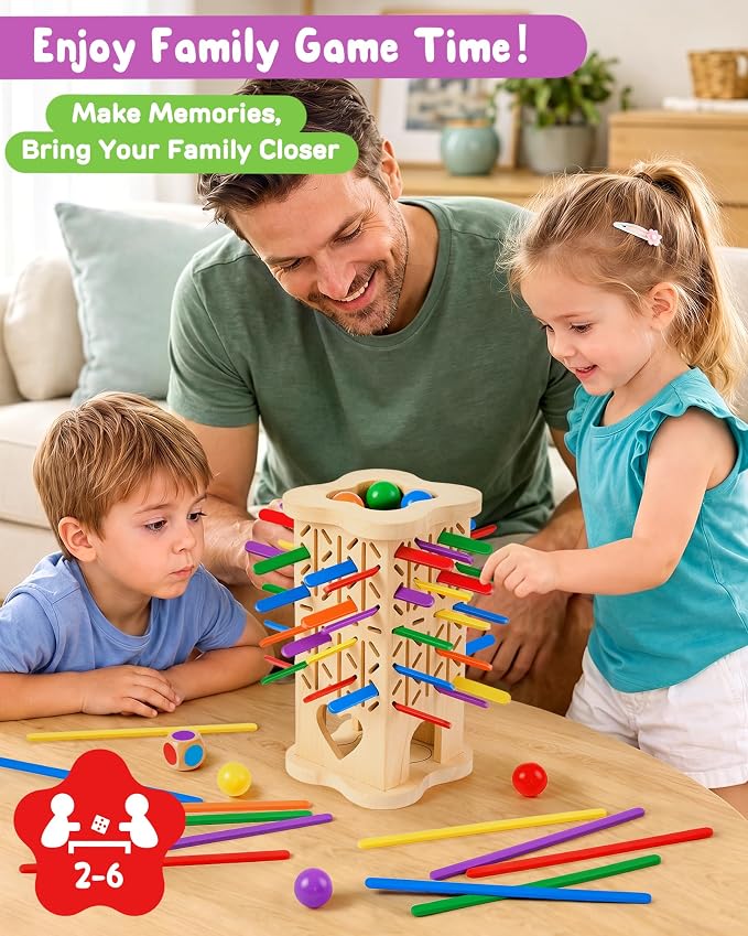 Montessori Wooden Board Game for Kids 3–8, Fine Motor Skills Toy 42 Strips | Color matching, 2 play modes, cognitive growth & family fun — CPC-certified rubberwood, safe gift for boys girls ages 3–8
