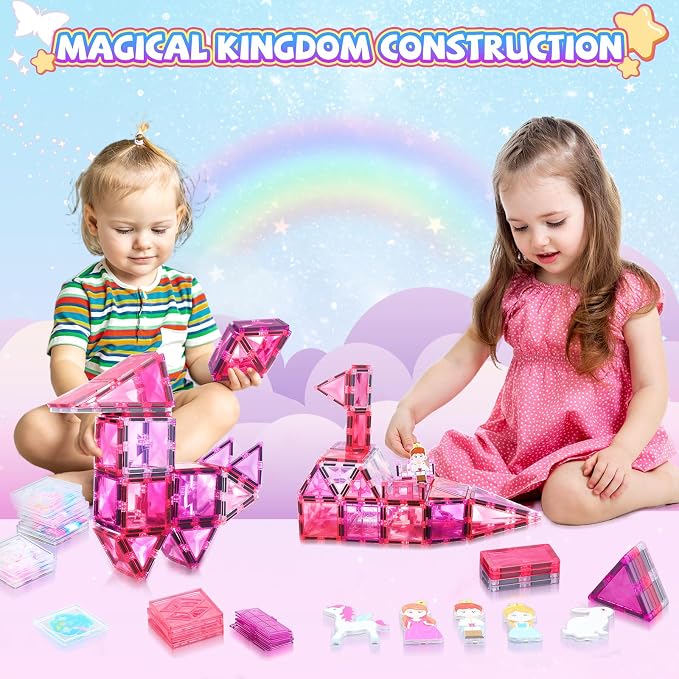 Magnetic Tiles 101PCS Pink Princess Car STEM Toy 3-8 | 101‑piece magnetic princess set with car. STEM toy for creative 3D building. Great gift for ages 3‑8.