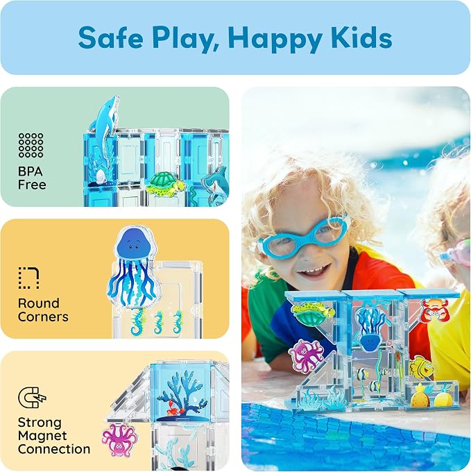 PicassoTiles 26 Piece Magnetic Tiles, Ocean Marine World STEM Set Ages 3+ | Eight sea creature figures, vivid printed designs, screen-free imaginative play, hands-on early learning fun for curious kids