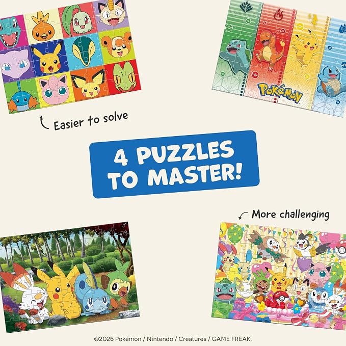 Buffalo Games - Pokémon - 4 Pack 500 Piece Puzzles for Kids Ages 3-6+ | Made in USA, Includes Poster, Giftable Display Box, Frameable Art