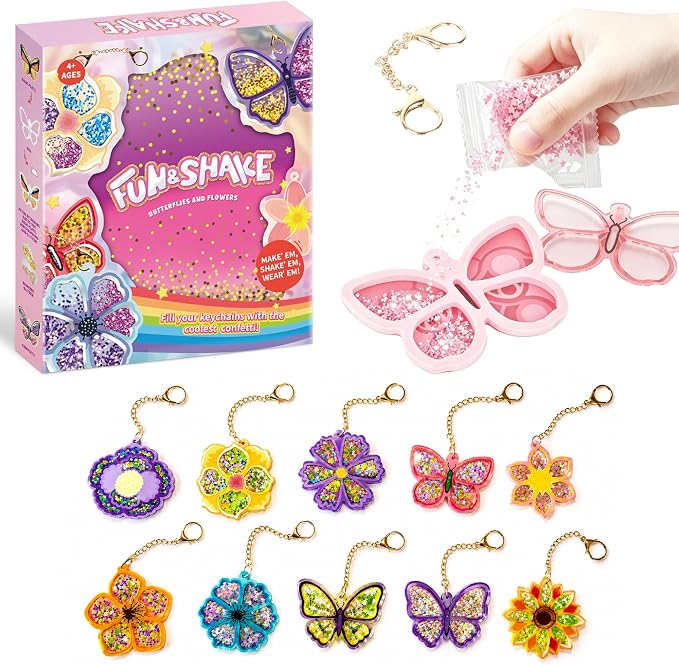 Shake-its Glitter Craft Kits for Kids, DIY Arts & Crafts with Keychains | Butterflies & Flowers, Fun Shake Art Supplies, Creative Arts and Crafts Activity Gifts for Girls & Boys Ages 4 5 6 7 8 9