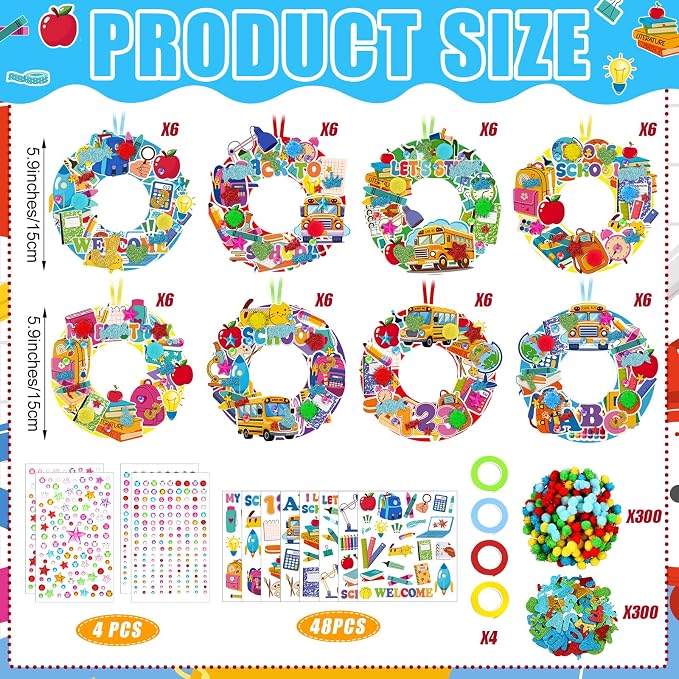 Hollowfly 48 Sets Back to School Crafts Kits, DIY Wreath with Stickers | School Themed Hanging Decor for Kids Classroom, Foam Stickers Included, First Day Party Favors Make Your Own Activities