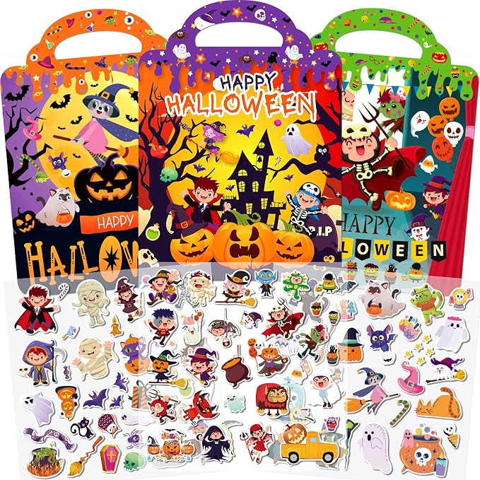 Elfew 3 Pack Halloween Reusable Sticker Books for Toddlers 2-4 | 3D Puffy Sticker Book for Kids Ages 3-5, Halloween Stickers for Kids, Halloween Gifts & Toys for Toddlers