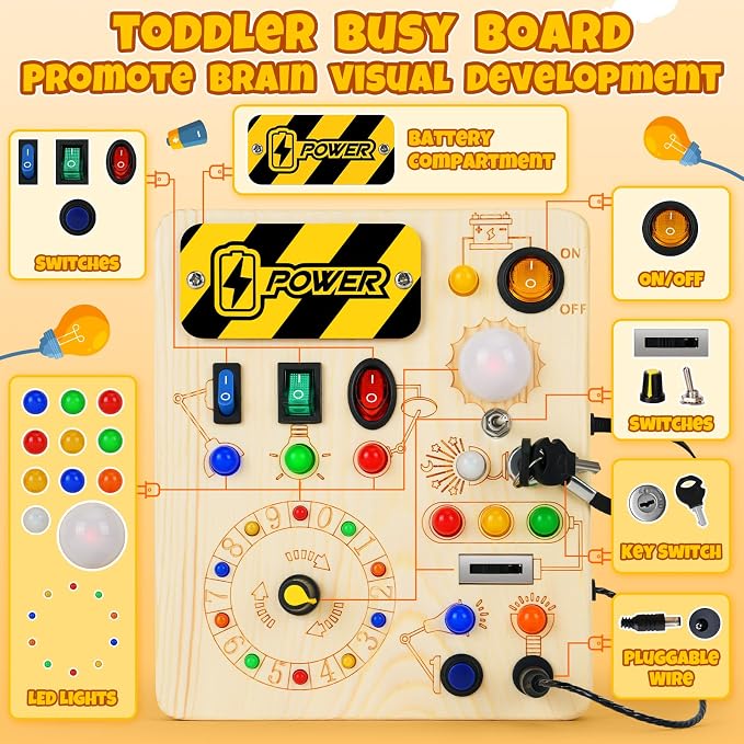 Busy Board, Montessori Toys for 1+ Year Old, Busy Board with 13 Led Light, Wooden Toddler Educational Travel Toy, 1 Year Old Boy&Girl Gifts