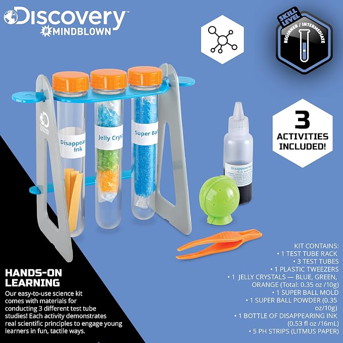 Discovery #MINDBLOWN 14-Piece Test Tubes DIY Science Kit with 3 Educational Experiments, Educational STEM Activity Set, Fun Learning Toy for Real Chemistry Experiments, Safe for Kids Ages 8+