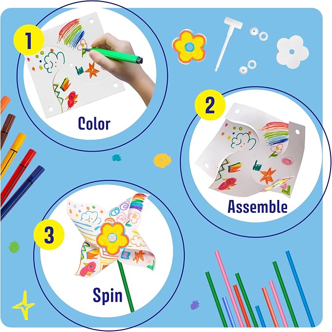 24 Pack DIY Pinwheels Craft for Kids - Summer Spring Crafts for Kids 3-5, 4-6, 4-8 - Fun & Easy Assembly, Bulk STEM Educational Activity for Camp, Sunday School Classroom, Birthday, Party Favor