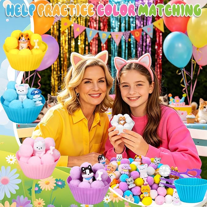 240Pcs Pet Sensory Bin Fillers -Pet Fine Motor Sensory Bin with Pom Poms Dog Cat Resin Cups Tweezers for Counting Sorting Training
