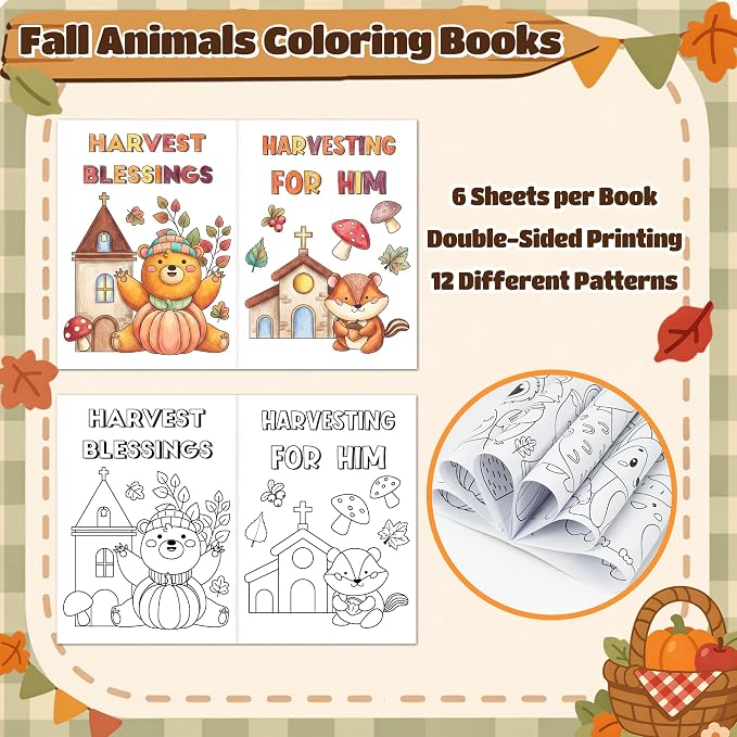Dvbonike 24Pcs Fall Religious Animals Coloring Books DIY Color-in Pages | Autumn Party Favor, Christian Activity, Drawing Booklet Bulk, Sunday School Supplies, Classroom Rewards, Thanksgiving Gift