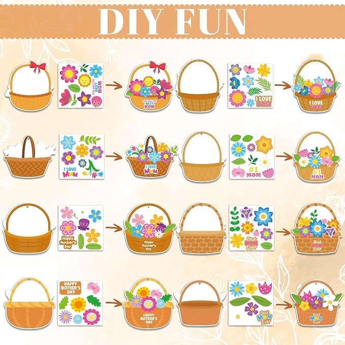 BeYumi Mother's Day Craft Kit - 123Pcs Mother's Day Flowers Basket Paper Craft Kit DIY Best Mom Ever Hanging Ornament Make Your Own School Classroom Decoration Home Family Party Art Supplies for Kids