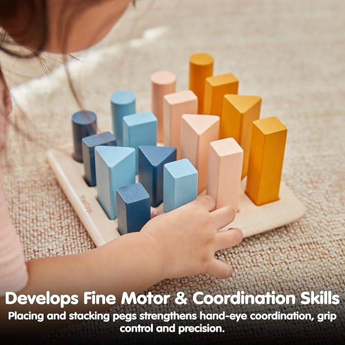 PlanToys® Wooden Geometric Peg Board Montessori Shape Sorting Stacking Toy | wooden geometric peg board, montessori shape sorting stacking, size sequencing logical thinking, color pattern geometry, kids