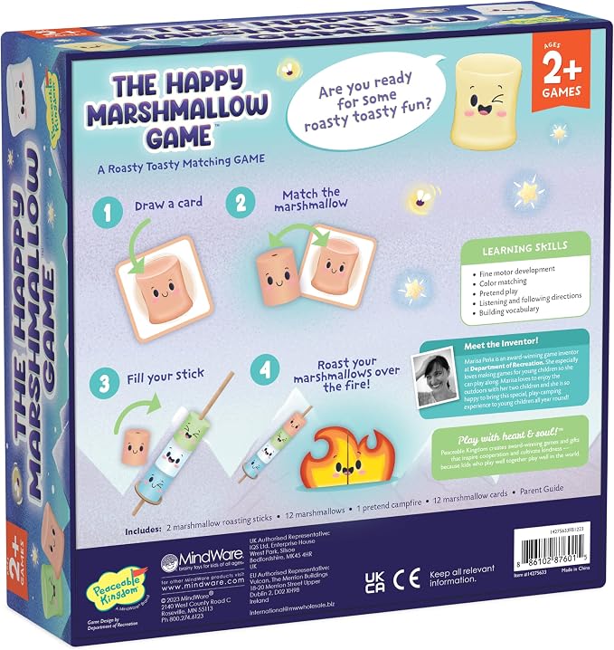Peaceable Kingdom Happy Marshmallow Toddler Game | A fast, replayable board game. Includes 2 marshmallow roasting sticks and 12 marshmallows. Ages 2+.