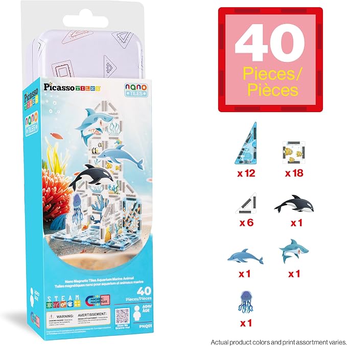 PicassoTiles Magnetic Tiles Aquarium Marine Animal Nano Construction Travel Set with Tin Storage Case Montessori Mini Magnet Tile Traveling STEM Activity Kit Early Learning Boys Girls Ages 3+ PNQ01