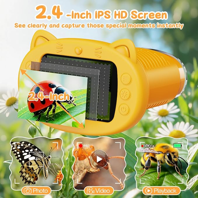 1000X Handheld Digital Microscope for Kids (Yellow) | 4K HD 2.4" Screen, 200–1000X Magnification, Portable Kids Microscope, Educational STEM Toy, Gifts for Boys and Girls Age 5–12