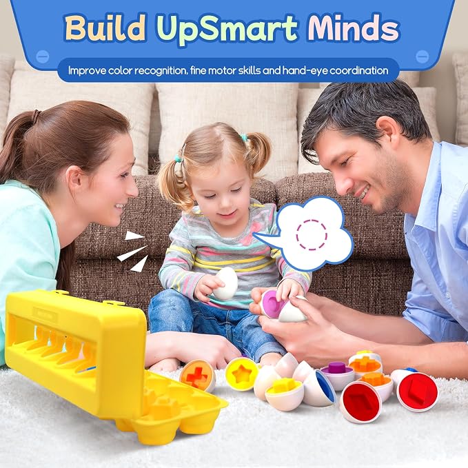 Tinabless Matching Eggs Toys 12 pcs Set Color & Shape Recognition Sorter Puzzle for Toddlers, Christmas Easter Travel Game Early Learning Educational Gift for Year Old Kids