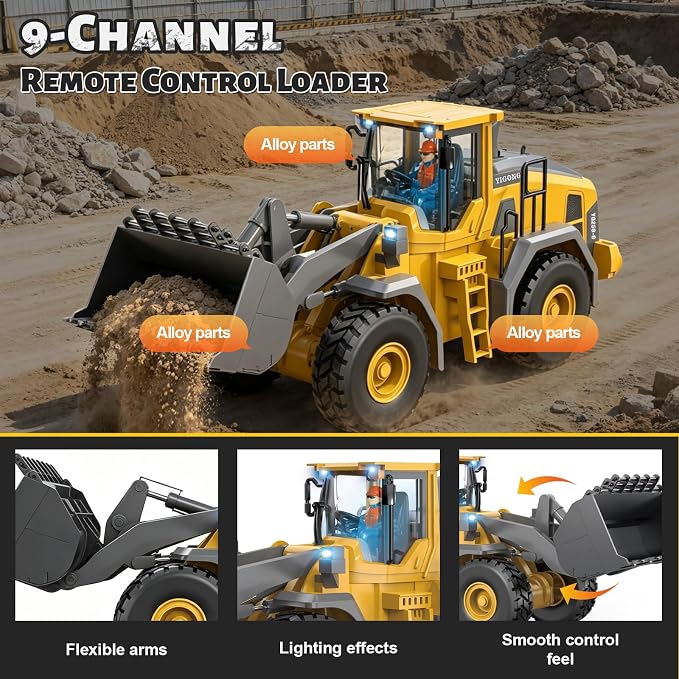 Remote Control Excavator (11-Channel), Dump Truck, Bulldozer, Loader (9-Channel), 2.4GHz Remote Control Construction Vehicles, Metal Construction, with Cool Lights and Sound Effects, 4-Pcs