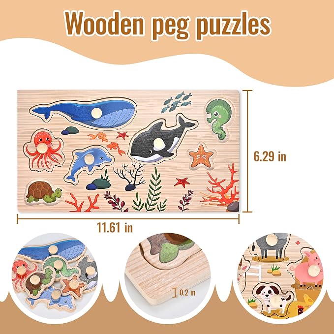 Wooden Peg Puzzles for Toddlers 1-3, 2 Pcs Montessori Puzzles, Animal & Sea Themes Puzzles, Great Preschool Educational Learning Gifts for Girls and Boys