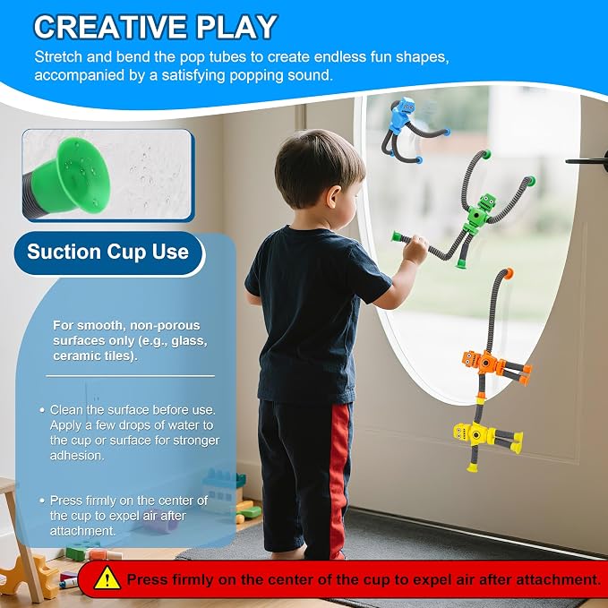 Robot Sensory Pop Tubes Toys 12PCS for Toddlers Boys Age 3-8, Suction Cup Stretchy Fidget Toy, Travel Toys, Autism Stress Relief, Birthday Christmas Stocking Stuffers Party Favors