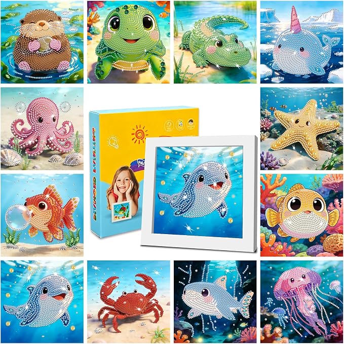DOZEEZOP 12-Pack Small Diamond Art Kits for Kids 6-12, Water-Animals 7"x7" | 5D Diamond Painting, Partial Round & Special Drills, Desktop & Wall Decor, Beginner DIY Craft, Stress Relief Gift