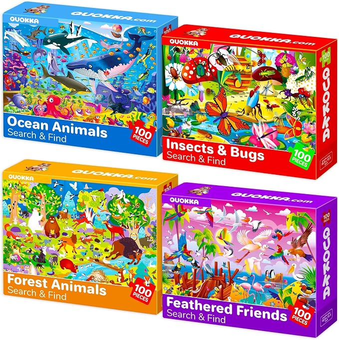 100 Piece Puzzles for Kids Ages 6-8 - 4 Jigsaw Kids Puzzles Ages 4-6 | Search and Find Ocean Forest Animals - Kids Puzzles Ages 5-8 - Learning Educational Game Toys for Children Ages 8-10