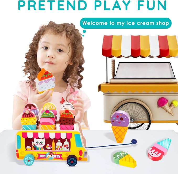 HELLOWOOD Wooden Ice Cream Truck, 28 pcs Magnetic Ice Cream Sweet Treats Pretend Play Food & Accessories, Montessori Sorting & Stacking Toys for Toddler Girls & Boys Age 2-5