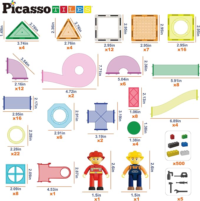 PicassoTiles 650PCS Magnetic Marble Run Tiles and Brick Combo Magnet Tile Building Blocks Magnet Set with Character Action Figures Educational Preschool Learning Toys for Kids Toddlers Ages 3+ PB650