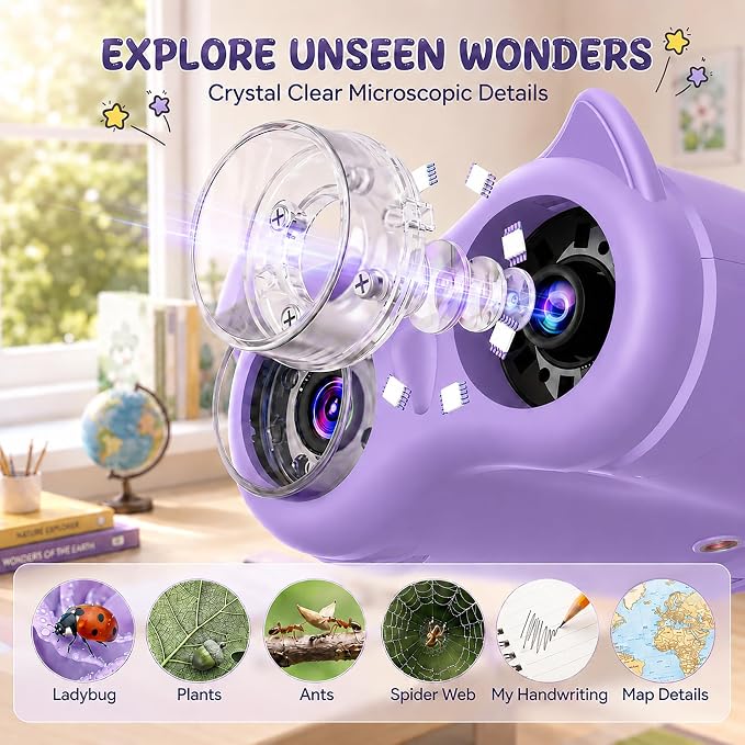 2-in-1 Kids Microscope and Telescope, 1000X Handheld Digital Microscope for Kids, 2.0" Screen, 8 LEDs, 10X Pocket Telescope for Outdoor, 1080P Camera STEM Toys Gift for Boys Girls 4-12, Purple