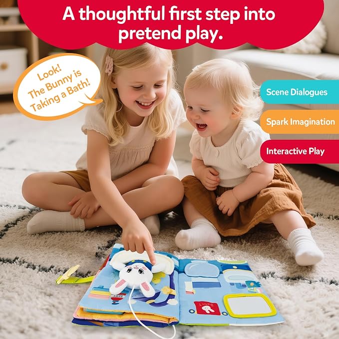 Busy Book for Toddlers 1-3, Toddler Travel Toy and Montessori Quiet Book with Attached Bunny, 12 Fine Motor Activities Gifts for 1 Year Old Boys Girls Birthday Gift
