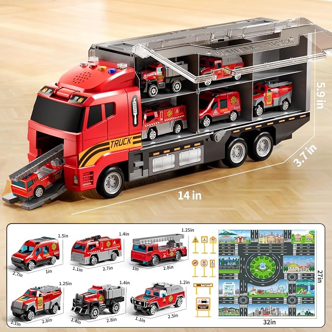 NIPLOOOW Toddler Boys Toys for 3-5 Years Old, Fire Truck Vehicle Set with Play Mat and Die-Cast Toy Car, Transport Carrier Truck for Kids 3-5, Birthday Gifts Toys for 3-8+ Year Old Boys