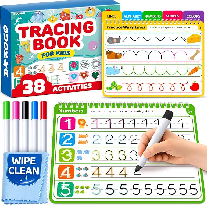 Tracing Books for Kids Ages 3-5 - Reusable Dry Erase Kids Activity Books | Writing Practice Workbook with Markers for Quiet Time Travel and Learning