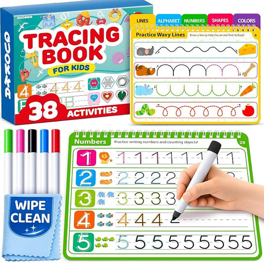 Tracing Books for Kids Ages 3-5 - Reusable Dry Erase Kids Activity Books | Writing Practice Workbook with Markers for Quiet Time Travel and Learning
