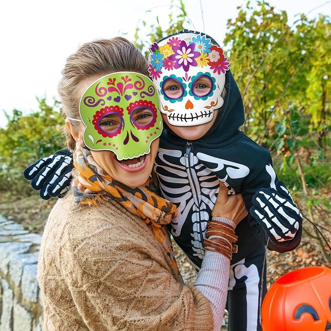 24 Pcs Day of The Dead Crafts for Kids DIY Coloring Halloween Masks | Color Your Own Skull Masks Dia de Los Muertos Party Games for Boys Girls School Classroom Craft Toys Cosplay Dress Up