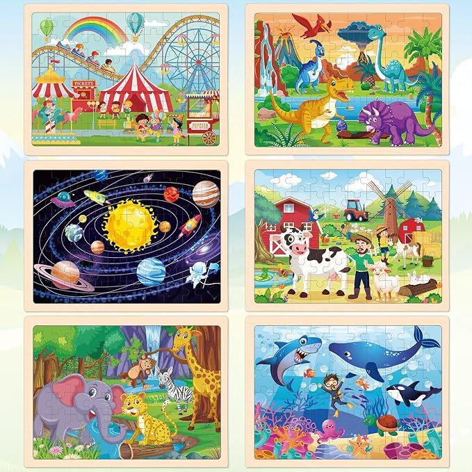 6 Themed Wooden Puzzles for Kids Ages 3-5, 60 Pieces Each | 6 x 60 Piece Puzzles 6-8, Dinosaur, Farm, Jungle Animals, Ocean Life, Solar System, Amusement Park, Kids Birthday Gifts