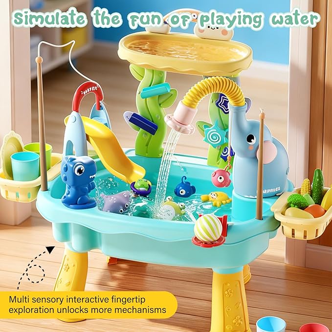 2027 Upgraded 4-in-1 Sand Water Table for Toddlers 1-3, Kids Sensory Table with Electric Water Pump & Elephant Faucet, Play Kitchen Sink with Food Accessories, Fishing Toy (Blue) | 4-in-1 sand and water table with electric pump, play kitchen sink and f...