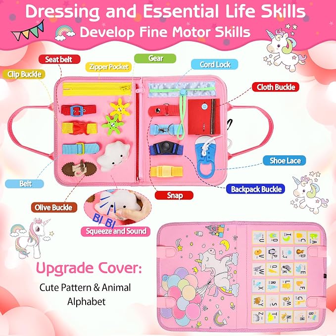 Esjay Busy Board Montessori Toys for Girls, Sensory Book Educational Activities for Learning Fine Motor Skills, Birthday Gifts for Girls, Travel Toys for Airplane Car, Pink Multipages