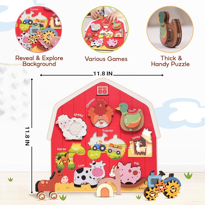 KALOTOYS Wooden Farm Animal Puzzle for Toddlers 1-3 – 8 Piece Montessori Sound & Sensory Puzzle with Textures & Spinning Tractor Gears – Fine Motor Learning Toy & Autism-Friendly Baby Gift