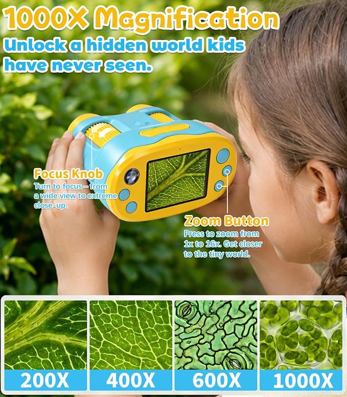 Handheld Digital Microscope for Kids, STEM Science Kits Ages 4-12 | 32G Card & Selfie Camera, 2.4" Screen 1000X Rechargeable Pocket Microscope, Edu Summer Birthday Gifts Toys for Boys & Girls