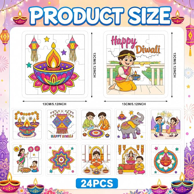 Cinrobiye 24 Pcs Diwali Coloring Puzzle Craft, Deepavali Festival of Lights DIY Activity Jigsaw Puzzle Set, Indian Festival Decorations for Classroom, Home Celebration, Cultural Events, Party Favors