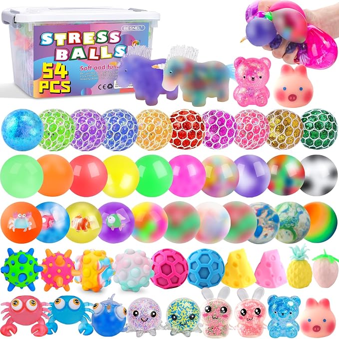 54 Pack Stress Balls, Squishy Balls, Squeeze Balls for Adults | Stress Relief Balls, Prize Box Stuffers, Party Favors