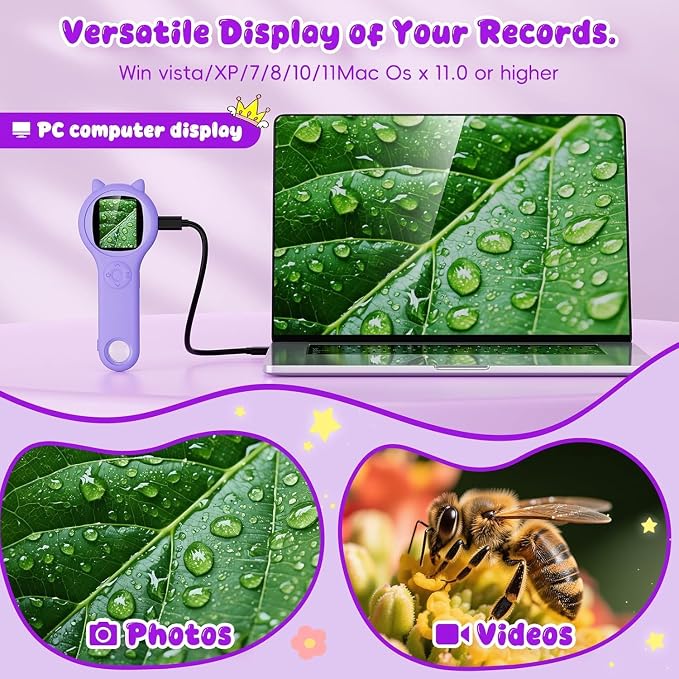 Ashfly Kids Microscope, 500X Digital Magnifying Glass, STEM Toy, Purple | 2-inch IPS Screen, 8 Adjustable LEDs, Macro Autofocus, Built-in Photo Storage, USB-C Charging and Windows PC Viewing