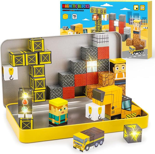 Travel Magnetic Blocks 45 PCS Mini Building Cubes with Case Construction | Travel Toy for Airplane Plane Car Road Trip, Mini Cubes STEM Learning Portable Building Toys Gift for Toddler Kids Ages 3-5