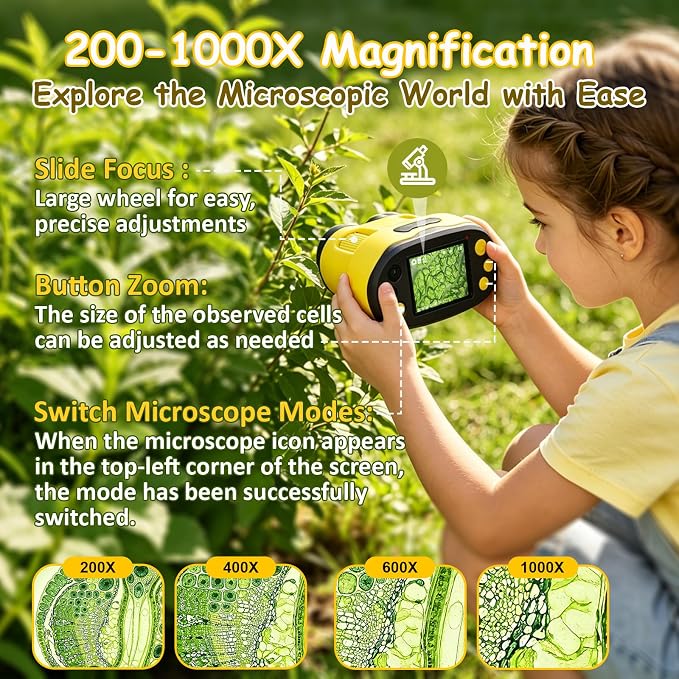 1000X Handheld Microscope for Kids 2.0" Screen 32GB Card Included | Rechargeable 3 in 1 Pocket Digital Kids Microscopes with Camera & Selfie Lens, Edu Science Kits for Kids 4-6 8-12 Yellow