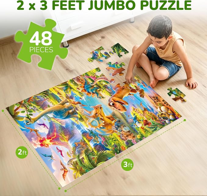 BenBen Floor Puzzles for Kids Ages 4–6, 2 x 3 Feet Jumbo Dinosaur Puzzle | 48 Pieces Extra Thick Large Piece Jigsaw Puzzle for Toddlers, Preschool Educational Toy with Storage Box for Girls Boys