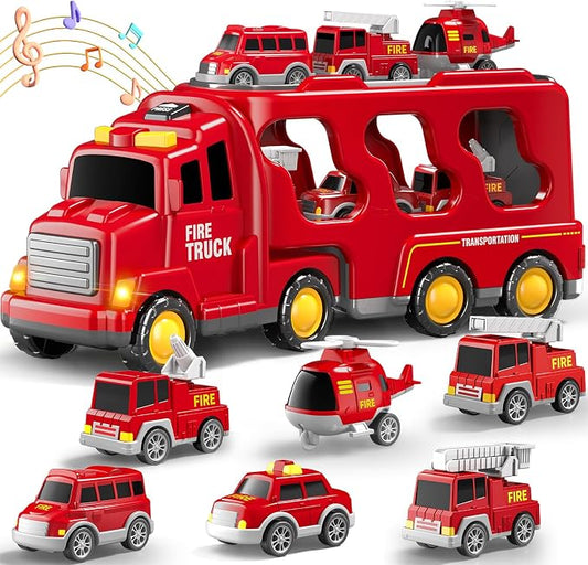 Beby Buty 7 in 1 Fire Trucks Cars Toys for Toddlers 3-5, Boy Toddler Car Truck Toys with Light Sound, Birthday Gifts Toys for 3 4 5 6 Year Old Boy